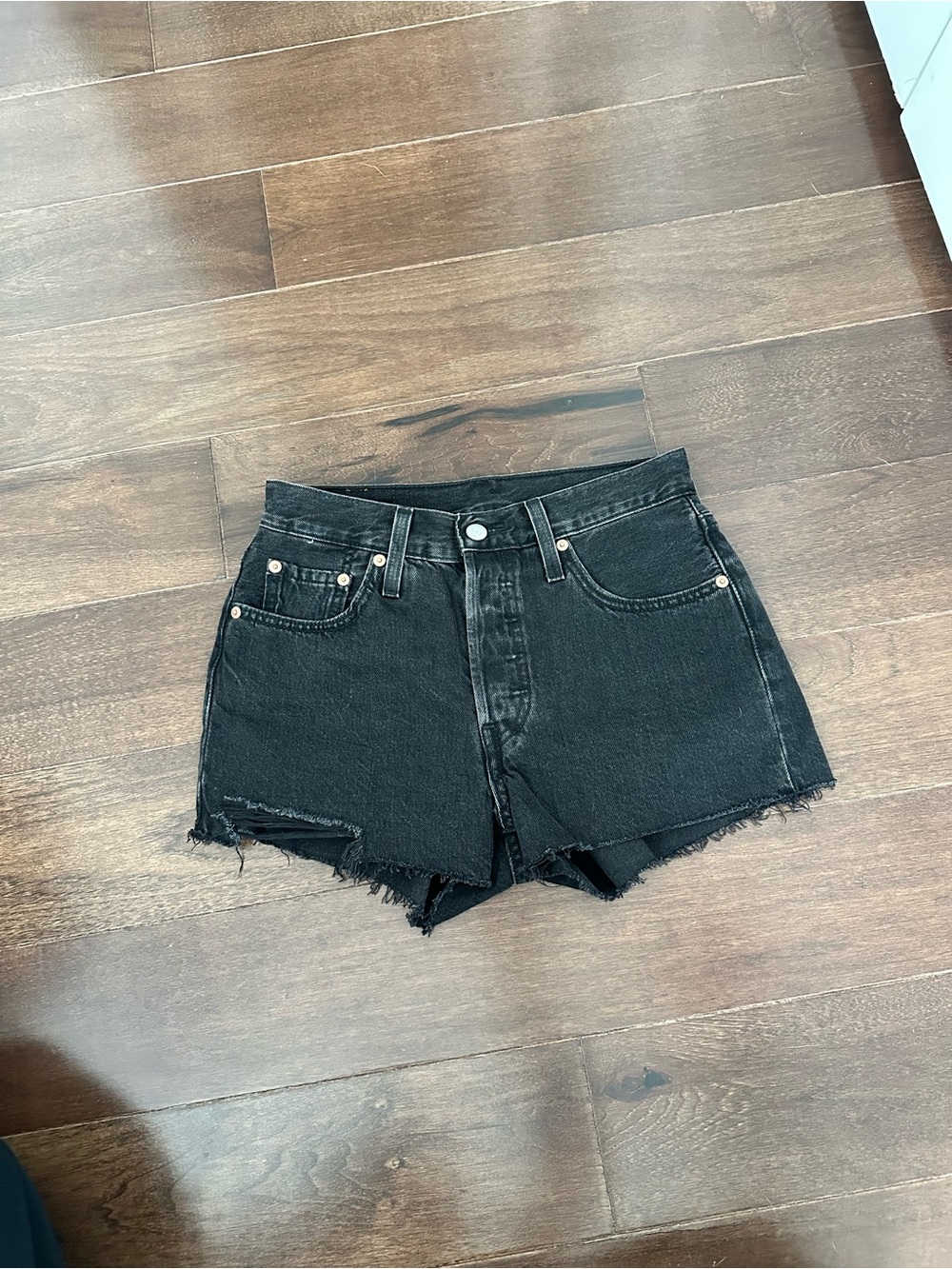 Levi's Black Washed Denim Shorts with Distressed Hem - Picture 2 of 4